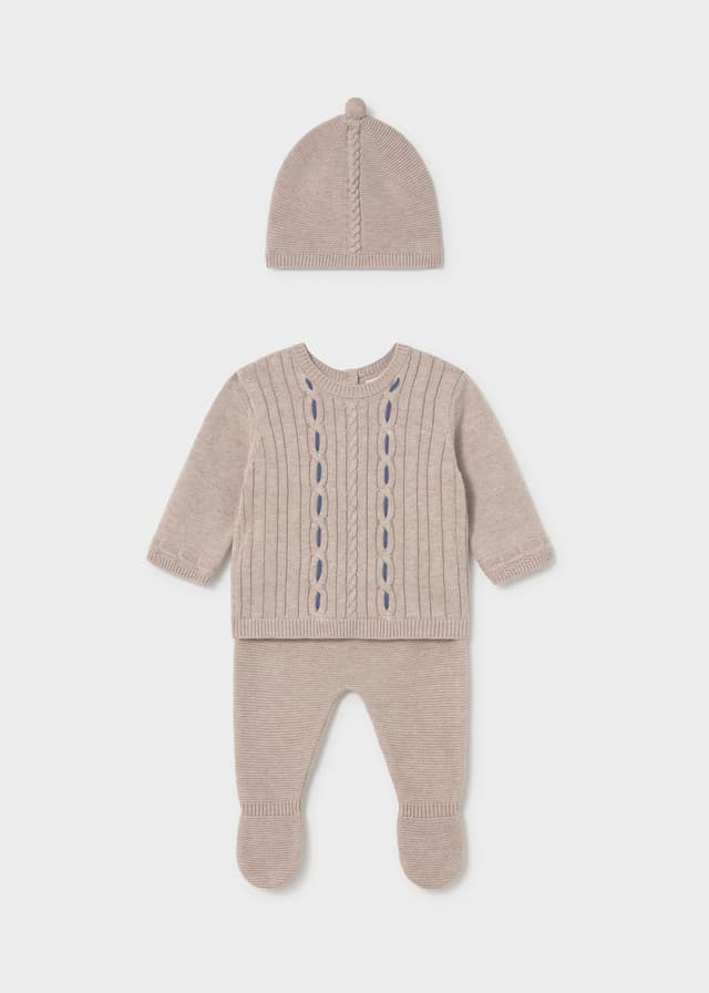 Mayoral - 3 Piece Knitted Jumper, Footed Trousers & Hat Set, Brown