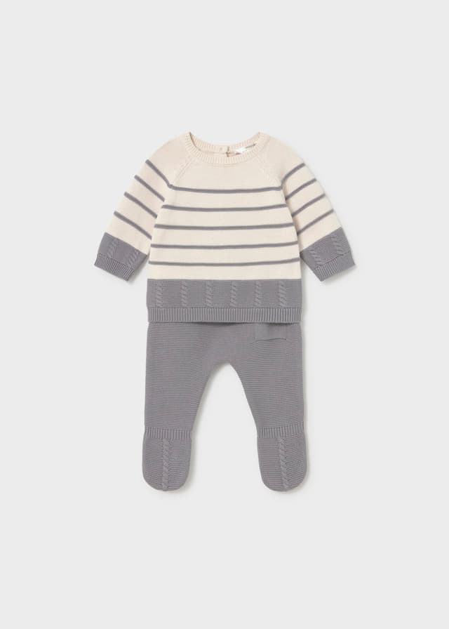 Mayoral - Striped Knitted Jumper & Footed Trousers Set, Grey