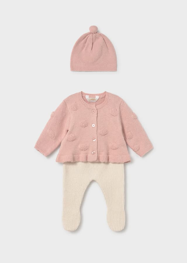 Mayoral - 3 Piece Knitted Cardigan, Footed Trousers & Hat Set, Pink