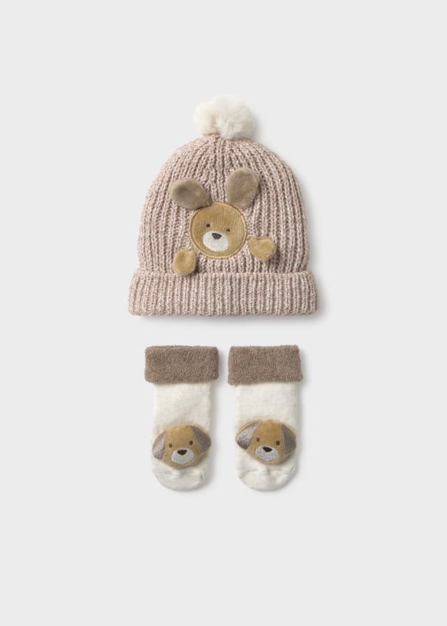 Mayoral - Newborn teddy bear hat and socks set, Brown